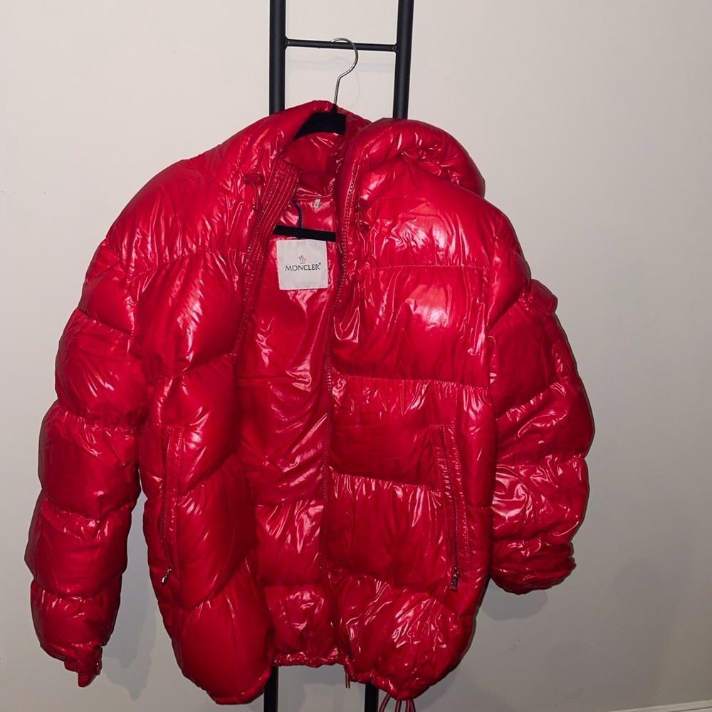 Red men’s Moncler puffer jacket with hood. Slightly used